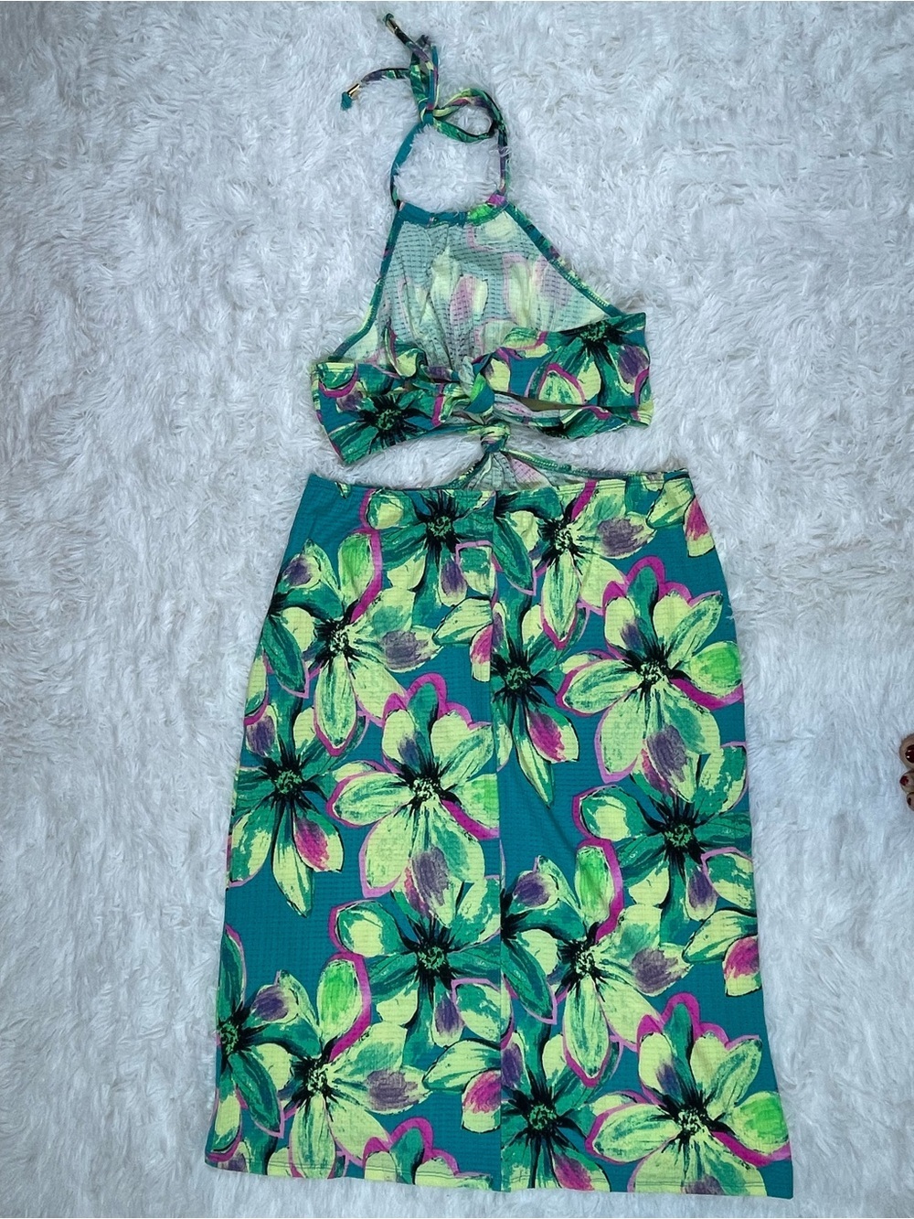 Miken Swim Women’s Tropical Halter Swim Coverup Dress - Teal & Lime Size M NWOT - Picture 7 of 10